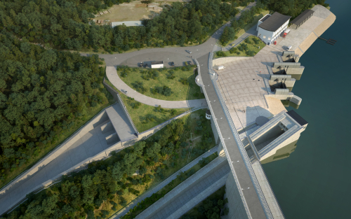 Vizualizace nového přelivu a průchodu skluzu profilem přehradní hráze – letecký pohled